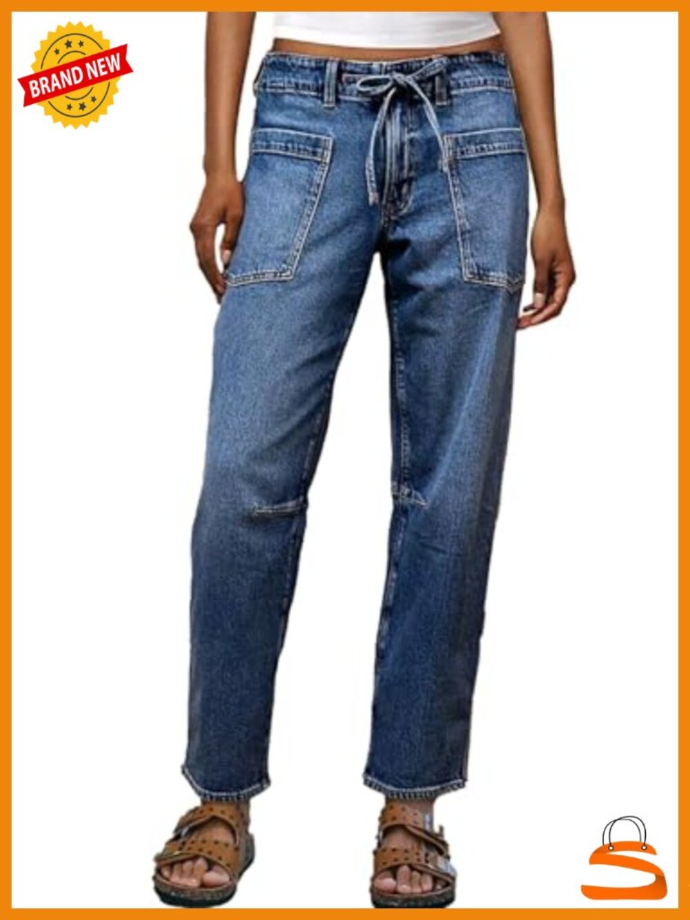 Baggy Barrel Jeans Drawstring Waist Mid Rise Wide Leg Denim Pants